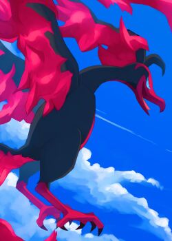 animal_focus beak bird blue_eyes blue_sclera blue_sky cloud colored_sclera fiery_wings fire flying galarian_form galarian_moltres gen_8_pokemon highres kou11021301 legendary_pokemon nintendo no_humans open_mouth pink_fire pokemon pokemon_(creature) pokemon_focus sky solo talons wings