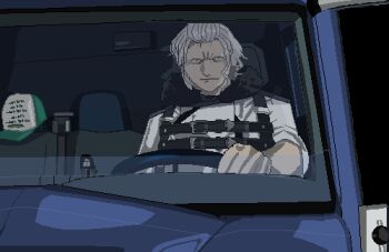 1boy alpha_transparency animated animated_gif bobblehead car_interior character_doll coat doll drawfag driving furrowed_brow hat hat_writing isekai_truck left-hand_drive light_smile looking_at_viewer meme motor_vehicle mushoku_tensei nanahoshi_shizuka orsted_(mushoku_tensei) pixel_art steering_wheel truck trucker vehicle_interior white_coat white_hair women_want_me_fish_fear_me_(meme)