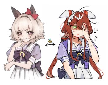 Rule 34 | 2girls, animal ears, armor, artist collaboration, blush, bow, breasts, commentary, curren chan (umamusume), doktahzaki, ear bow, ear covers, emne, english commentary, feather hair ornament, feathers, green eyes, grey hair, hair between eyes, hair ornament, highres, horse ears, horse girl, jewelry, long hair, looking at viewer, low twintails, multiple girls, parted lips, puffy short sleeves, puffy sleeves, purple bow, purple eyes, purple shirt, red bow, red hair, ring, sailor collar, sailor shirt, school uniform, shirt, short hair, short sleeves, simple background, skirt, small breasts, smile, sweat, tracen school uniform, twintails, umamusume, white background, white sailor collar, white skirt, win variation (umamusume)