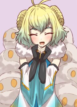 1boy antenna_hair aqua_dress black_gloves blonde_hair blush braid braided_bun closed_eyes detached_sleeves double_bun dress elbow_gloves fate/grand_order fate_(series) fingerless_gloves fur_collar gloves gradient_hair green_hair guriguri_(arayotto4351) hair_bun highres multicolored_hair open_mouth paris_(fate) paris_(second_ascension)_(fate) sheep short_hair smile trap wide_sleeves