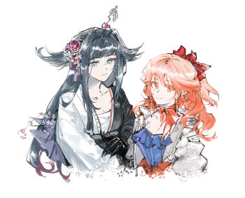 2girls arknights black_hair black_kimono blue_shirt bow breasts chinese_commentary cleavage closed_mouth commentary_request cropped_torso earrings flower grey_eyes hair_bow hair_flower hair_ornament haishen_miwang_de_jiyi haruka_(arknights) jacket japanese_clothes jewelry kimono light_smile long_hair looking_at_viewer mio_(arknights) multiple_girls orange_eyes orange_hair parted_lips purple_flower red_bow shirt simple_background small_breasts white_background white_jacket white_kimono