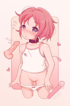 1girl absurdres artist_name black_choker blue_eyes blush bow bow_panties choker collarbone cowboy_shot disembodied_penis flying_sweatdrops food_print fruit_print highres loli monchichiwa nose_blush original panties panty_pull penis pink_hair pulling_own_clothes pussy remote_control_vibrator sex_toy shirt short_hair signature sleeveless sleeveless_shirt solo_focus strawberry_print sweatdrop thighs underwear vibrator white_panties white_shirt