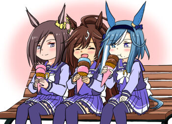 Rule 34 | 3girls, ^ ^, admire groove (umamusume), ahoge, air groove (umamusume), animal ears, blue hair, brown hair, closed eyes, commentary request, duramente (umamusume), ear covers, eating, food, hair between eyes, hairband, highres, holding, holding food, holding ice cream, holding ice cream cone, horse ears, horse girl, ice cream, ice cream cone, long hair, multicolored hair, multiple girls, pleated skirt, purple eyes, school uniform, shikokuken (mrykk24), short hair, sitting, skirt, smile, tracen school uniform, umamusume, umamusume horse relations, white hair