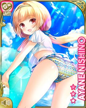 1girl :d ass barefoot beach bikini blonde_hair blue_bikini blue_skirt bow card character_name day girlfriend_(kari) innertube microskirt nishino_ayane official_art open_mouth outdoors qp:flapper red_eyes shirt skirt smile solo spa standing swim_ring swimsuit tagme twintails white_bow white_shirt