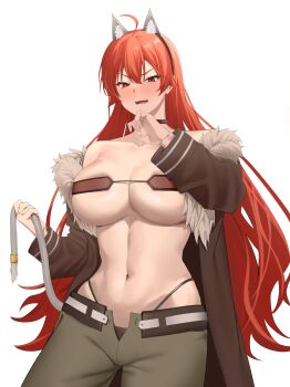 1girl abs absurdres ahoge animal_ear_hairband animal_ears bandeau bare_shoulders black_choker black_hairband black_jacket black_panties blush breasts cat_ear_hairband cat_ears cat_tail choker cleavage collarbone commentary_request cosplay cowboy_shot eris_greyrat fake_animal_ears fangs fur-trimmed_jacket fur_trim ghislaine_dedoldia ghislaine_dedoldia_(cosplay) green_pants hair_between_eyes hairband hand_up highleg highleg_panties highres holding_own_tail jacket large_breasts long_hair long_sleeves looking_at_viewer mushoku_tensei navel off_shoulder open_clothes open_jacket open_mouth open_pants panties pants red_bandeau red_eyes red_hair sidelocks simple_background solo string_panties tail underwear very_long_hair white_background yuasobi871