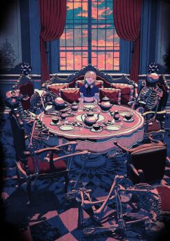 1girl alice_(megami_tensei) blonde_hair blue_dress blurry_edges chair child commentary_request couch demon_(megami_tensei) dress edoya_inuhachi hairband indoors long_hair puffy_sleeves ribbon shin_megami_tensei skeleton smile solo tablecloth teapot vignetting