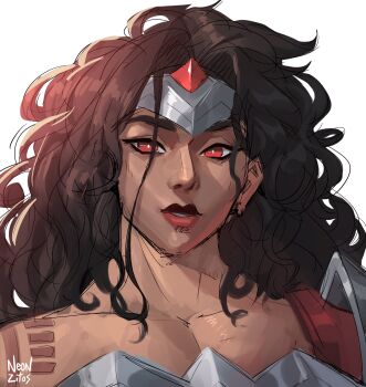 1girl absolute_dc absolute_wonder_woman absurdres black_hair commentary dark-skinned_female dark_skin dc_comics english_commentary highres long_hair neon_(neonzitos) red_eyes scar solo superhero_costume tattoo tattoo_sleeve tiara upper_body wonder_woman