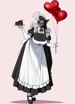 1girl 2025 absurdres apron artist_name balloon black_dress black_hair black_shoes black_wings blunt_bangs breasts cake chocolate_cake collarbone commentary covered_eyes dark-skinned_female dark_skin detached_collar dress dress_shoes earrings elbow_gloves english_commentary female_focus food frilled_sleeves frills full_body gloves happy_birthday high_heels highres holding holding_balloon holding_cake holding_food huge_breasts indie_virtual_youtuber inkspirate jewelry juliet_sleeves leaning_forward lilith_(inkspirate) long_hair long_sleeves low_twintails maid_apron maid_headdress multicolored_hair open_mouth original pink_background puffy_sleeves shadow shoes simple_background simple_bird socks solo standing star_(symbol) star_earrings teeth twintails two-tone_hair upper_teeth_only very_long_hair white_gloves white_hair white_socks white_wings wings