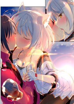 1boy 1girl animal_ear_fluff animal_ears bare_shoulders black_hair blush breasts camisole cat_ears cat_girl chest_jewel cleavage closed_eyes collarbone commentary_request fingerless_gloves french_kiss gloves grabbing_another&#039;s_breast grey_hair groping hetero highres jacket kiss large_breasts mio_(xenoblade) noah_(xenoblade) red_jacket short_hair skirt watsuki_ayamo white_camisole white_gloves white_jacket white_skirt xenoblade_chronicles_(series) xenoblade_chronicles_3 yellow_eyes