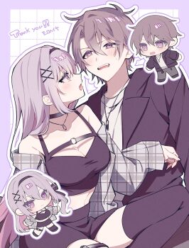 1boy 1girl absurdres black_choker black_hairband black_jacket black_skirt black_thighhighs blush breasts brown_hair chibi chibi_inset choker cleavage commission crop_top hair_ornament hairband hetero highres jacket jewelry long_hair looking_at_another necklace open_mouth original purple_background purple_eyes purple_hair shirt skeb_commission skirt thighhighs tznb_last unmoving_pattern virtual_youtuber x_hair_ornament