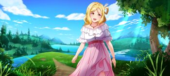 1girl :3 :d absurdres arms_at_sides belt blonde_hair blouse blue_sky blush braid cloud commentary crown_braid day english_commentary gem grass hair_rings head_tilt highres hill jewelry light_rays long_skirt looking_at_viewer love_live! love_live!_sunshine!! medium_hair mountainous_horizon necklace off-shoulder_shirt off_shoulder ohara_mari open_mouth path pink_skirt purple_gemstone river road scenery shirt shirt_tucked_in short_sleeves single_bang single_hair_ring skirt sky smile solo tree tsumikiy wavy_hair white_shirt