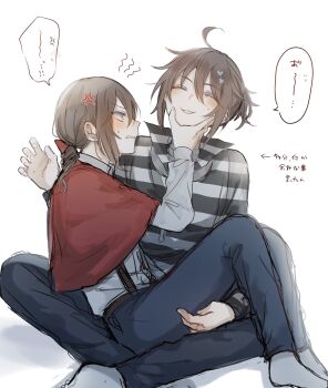 Rule 34 | ! (rsa yuhr), 2boys, :3, ahoge, anger vein, blue eyes, blue pants, blush, brown hair, bruise, bruised eye, capelet, closed eyes, drill hair, drill ponytail, edgar valden, grabbing another's face, head grab, highres, identity v, injury, looking at another, luca balsa, male focus, multiple boys, no headwear, pants, popped collar, red capelet, shirt, sidelocks, sitting, sitting on lap, sitting on person, socks, striped clothes, striped shirt, sweatdrop, translation request, white shirt, white socks, yaoi