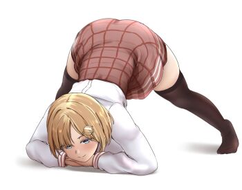 1girl arched_back arm_rest ass blonde_hair blue_eyes blush bob_cut breasts brown_skirt feet full_body hair_ornament hands_on_ground hololive hololive_english jack-o&#039;_challenge long_sleeves medium_hair naozuri plaid_clothes plaid_skirt shadow shirt short_hair skirt smile solo spread_legs thighhighs thighs top-down_bottom-up virtual_youtuber watson_amelia watson_amelia_(1st_costume) white_background white_shirt wide_spread_legs