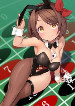 1girl animal_ears armpits asymmetrical_legwear bare_shoulders between_breasts black_leotard blush breasts card card_between_breasts casino cleavage detached_collar draph fake_animal_ears granblue_fantasy hair_ribbon horns large_breasts leotard oppai_loli p_answer pantyhose playboy_bunny red_ribbon ribbon short_hair smile solo thighhighs wrist_cuffs yaia_(granblue_fantasy) yellow_eyes