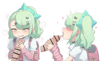 1boy 1girl backpack bag bar_censor censored chinatsu_remiel cum cum_in_mouth earrings ejaculation erection green_eyes green_hair hair_ornament hairclip handjob highres jallass jewelry loli long_hair mihoyo penis penis_grab ponytail randoseru shirt side_ponytail sweat ticks_(artist) two-handed_handjob white_background zenless_zone_zero