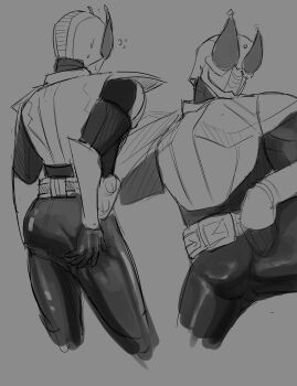 Rule 34 | absurdres, armor, ass, belt, bodysuit, chastisedhorns, chestplate, helmet, highres, kamen rider, kamen rider den-o, kamen rider den-o (series), male focus, mask, masked male, monochrome, multiple views, poses, sweat, sweatdrop