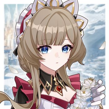 Rule 34 | 1girl, blue eyes, blue pupils, blunt bangs, blurry, blurry background, breasts, brown hair, chinese commentary, cleavage, commentary request, detached collar, dress, flower, frilled dress, frills, genshin impact, headdress, highres, holding, holding flower, looking at viewer, looking to the side, medium breasts, multicolored eyes, parted lips, sandrone (genshin impact), shade, short hair, swept bangs, upper body, white flower, xinjinjumin446902792993