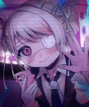 1girl black_choker blush choker collared_shirt double_bun egg_loveforever eyepatch hair_bun hair_ornament hairclip hashtag-only_commentary heart heart-shaped_pupils highres holding holding_phone looking_at_viewer medical_eyepatch monitoring_(vocaloid) nijisanji official_alternate_costume parallel_hairclips phone pink_eyes pink_hair shiina_yuika shiina_yuika_(14th_costume) shirt smile solo symbol-shaped_pupils virtual_youtuber