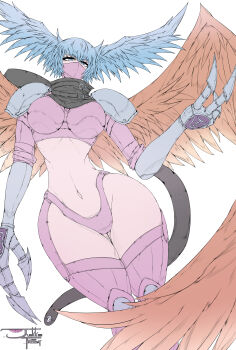 Rule 34 | 1girl, absurdres, arm warmers, artist name, black scarf, blue eyes, blue hair, breasts, brown wings, claws, commentary, covered mouth, curvy, digimon, digimon (creature), english commentary, feathered wings, hair wings, harpy, highres, junkk factory, large breasts, looking at viewer, mask, monster girl, mouth mask, navel, ninja mask, revealing clothes, scarf, shoulder pads, shutumon, simple background, solo, stomach, thong, white background, wide hips, wings