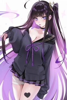 1girl ahoge bandaged_leg bandages bandaid bandaid_on_neck bandaid_on_shoulder bandaid_on_thigh barbell_piercing black_cardigan black_choker black_hair black_sailor_collar black_serafuku black_skirt blush breasts cardigan chitose_(stella_sora) choker cleavage collarbone colored_inner_hair commentary ear_piercing fingernails hair_ornament hairclip highres industrial_piercing large_breasts long_hair long_sleeves looking_at_viewer mole mole_under_eye multicolored_hair nail_polish ompf one_side_up piercing pink_hair pleated_skirt purple_eyes purple_nails sailor_collar school_uniform serafuku single_bare_shoulder single_sleeve_past_fingers skirt sleeves_past_wrists solo star_(symbol) stella_sora thighs tongue tongue_out tongue_piercing two-tone_hair white_background