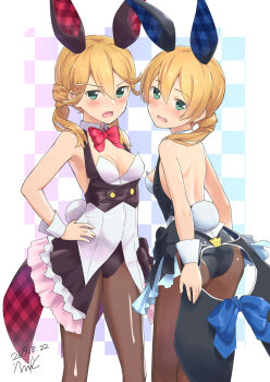 2girls alice_gear_aegis animal_ears ass black_legwear blonde_hair blush breasts commentary_request dated errant fake_animal_ears green_eyes hair_between_eyes hand_on_own_hip highres kotomura_akane kotomura_amane looking_at_viewer looking_back multiple_girls open_mouth pantyhose playboy_bunny rabbit_ears rabbit_tail signature small_breasts standing tail wrist_cuffs