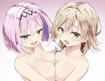 2girls :d black_hairband blush bob_cut breast_press breasts brown_hair cleavage collarbone commentary completely_nude eyes_visible_through_hair furrowed_brow gradient_background green_eyes hair_between_eyes hair_intakes hair_ornament hair_scrunchie hairband heart heart_in_eye highres hug large_breasts long_hair looking_at_viewer medium_breasts medium_hair mikuni_sairi multiple_girls naughty_face nude open_mouth pink_background pink_hair raised_eyebrows scrunchie sesen2000 simple_background smile symbol_in_eye symmetrical_docking tanikaze_amane tenshi_souzou_re-boot! thick_eyebrows tsurime upper_body white_background white_scrunchie