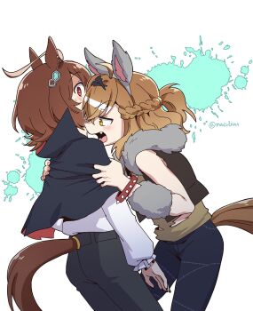 Rule 34 | 2girls, agnes tachyon (umamusume), animal ears, black cape, black jacket, black pants, blue pants, blush, brown hair, brown shirt, cape, commentary request, dated commentary, fang, fur-trimmed jacket, fur trim, grabbing another's arm, highres, horse ears, horse girl, horse tail, imminent bite, jacket, jungle pocket (umamusume), long sleeves, mazu1kan, medium hair, multiple girls, open mouth, pants, red eyes, shirt, short hair, simple background, standing, tail, torn clothes, torn shirt, twitter username, umamusume, white background, white shirt, yellow eyes, yuri