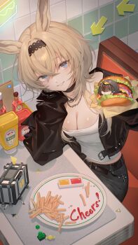 1girl absurdres animal_ears arknights arknights:_endfield avywenna_(arknights) black_choker black_jacket black_pants blue_eyes booth_seating breasts brown_hair burger candy chibi choker cleavage collar commentary_request crossed_bangs diner endministrator_(arknights) female_endministrator_(arknights) food french_fries hair_between_eyes highres holding holding_burger holding_food indoors jacket ketchup_bottle medium_breasts mumu_lin mustard_bottle open_clothes open_jacket pants plate rabbit_ears rabbit_girl shirt short_hair sitting smile solo tile_wall tiles white_shirt