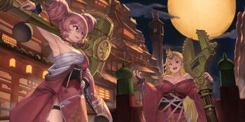2girls alternate_costume alternate_hairstyle architecture armpits bare_shoulders blonde_hair breasts brown_nails building chest_sarashi choker cleavage cloud collarbone commentary corset cuffs double_bun east_asian_architecture english_commentary fingernails full_moon game_cg hair_bun hammer hand_on_own_hip highres holding holding_wrench horns hoshiguma_yuugi hoshiguma_yuugi_(oni_gate_abou_rakshasa) ibaraki_douji_(touhou) ibaraki_kasen ibaraki_kasen_(oni_gate_abou_yaksha) japanese_clothes kimono konoike_(pepe_expect) lantern large_breasts long_fingernails long_hair long_sleeves moon multiple_girls night night_sky off_shoulder official_art oni open_mouth outdoors oversized_object paper_lantern pointy_ears red_choker red_eyes red_horns red_kimono sarashi shackles single_horn sky smile thigh_strap third-party_source touhou touhou_lostword very_long_hair wide_sleeves wrench