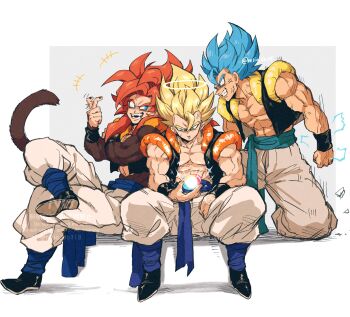 anger_vein biceps blue_eyes blue_sash body_fur cropped_vest dragon_ball dragon_ball_gt dragon_ball_super dragon_ball_super_broly dragonball_z energy_ball gogeta highres male_focus metamoran_vest monkey_boy monkey_tail multiple_persona muscular muscular_male no_nipples pants pectorals red_hair relio_db318 sash simple_background smile spiked_hair stardust_breaker super_saiyan super_saiyan_1 super_saiyan_4 super_saiyan_blue tail veins veiny_hands vest white_pants