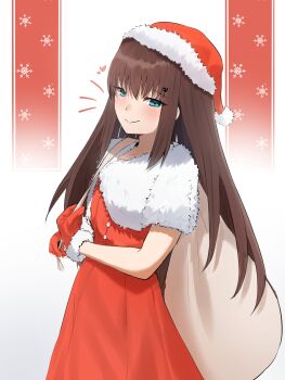 Rule 34 | 1girl, absurdres, alternate costume, aozaki aoko, blue eyes, brown hair, christmas, closed mouth, commentary, commission, coti neko, dress, english commentary, fur-trimmed gloves, fur trim, gloves, hair ornament, hairclip, hat, highres, holding, holding sack, long hair, looking at viewer, mahou tsukai no yoru, red dress, red gloves, red hat, sack, santa hat, smile, solo, standing