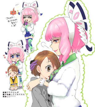 2girls between_breasts blush bob_cut bow bracelet breasts brown_eyes brown_hair can-day cardigan chibi chibi_inset closed_eyes collared_shirt commentary_request drill_hair drill_sidelocks eyeshadow flipped_hair fur_jacket gloria_(pokemon) grey_cardigan hair_bow hairband half-closed_eyes head_between_breasts highres hood hooded_cardigan jacket jewelry klara_(pokemon) long_sleeves makeup master_dojo_uniform medium_breasts mole mole_under_mouth multicolored_thighhighs multiple_girls multiple_views nintendo one_eye_closed open_mouth pink_eyeshadow pink_hair pink_lips pokemon pokemon_swsh print_shirt print_shorts purple_eyes ring shaded_face shirt short_hair shorts side_slit side_slit_shorts sidelocks smile two-tone_shirt two-tone_shorts two-tone_thighhighs white_bow white_hairband yuri