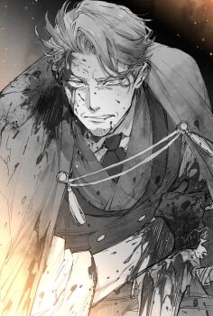 1boy aiguillette blood blood_on_clothes blood_on_face buttons cape collared_shirt facial_hair fate/grand_order fate_(series) gloves goatee gradient_background highres holding_own_arm injury katsu_kaishuu_(fate) male_focus monochrome necktie old old_man robe shirt simple_background sleeves_rolled_up solo suzuki_tsuta vest waistcoat white_shirt