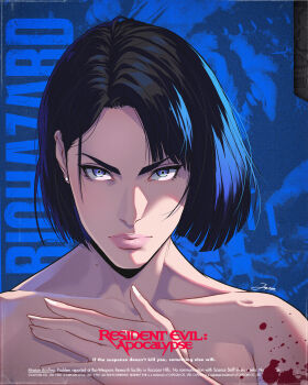 1girl bare_shoulders black_hair blue_background blue_eyes bob_cut highres jhony_caballero jill_valentine lips looking_at_viewer portrait resident_evil:_apocalypse short_hair solo text_background