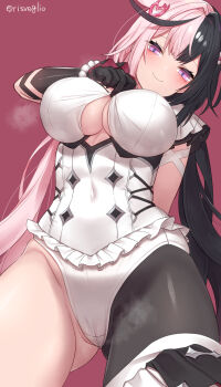 Rule 34 | 1girl, black gloves, black hair, black hiphighs, black survival, blush, breasts, cameltoe, cleavage, closed mouth, commentary request, coraline (black survival), covered navel, eternal return: black survival, gloves, highres, hiphighs, large breasts, leotard, long hair, looking at viewer, multicolored hair, pink hair, purple background, purple eyes, short hair, simple background, single hiphigh, smile, solo, split-color hair, torimaru, twintails, two-tone hair, very short hair, white leotard