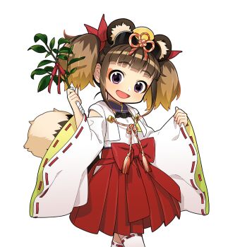 1girl animal_ears black_eyes brown_hair commentary_request fake_animal_ears holding japanese_clothes miko open_mouth raccoon_ears raccoon_girl raccoon_tail short_hair tail tanuko thighhighs twintails uchako uchi_no_hime-sama_ga_ichiban_kawaii white_thighhighs