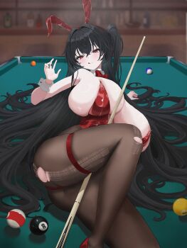 1girl 8-ball :q absurdres animal_ear_hairband animal_ears azur_lane ball billiard_ball billiards black_hair bow bowtie breasts commentary crossed_bangs cue_stick fake_animal_ears hair_between_eyes hair_intakes hairband hand_up highres huge_breasts laddered_pantyhose legs leotard long_hair looking_at_viewer lying mejiro_karasu official_alternate_costume on_side on_table open_hand pantyhose playboy_bunny pool_table rabbit_ear_hairband rabbit_ears red_bow red_bowtie red_eyes red_hairband red_leotard red_shoes shiny_clothes shoes sideboob solo strapless strapless_leotard sweat table taihou_(azur_lane) taihou_(fun_on_the_baize)_(azur_lane) thigh_strap thighs tongue tongue_out torn_clothes torn_pantyhose undersized_breast_cup very_long_hair white_wrist_cuffs wrist_cuffs