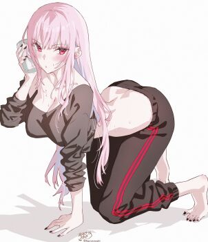 1girl :o absurdres all_fours alternate_costume arched_back barefoot black_nails black_pants black_shirt blush breasts can cleavage commentary cropped_shirt double_horizontal_stripe drink_can english_commentary feet hair_between_eyes highres holding holding_can hololive hololive_english hot kamiya_maneki large_breasts long_hair looking_at_viewer mori_calliope off-shoulder_shirt off_shoulder pants parted_lips pink_hair red_eyes shirt signature sleeves_rolled_up solo sweat toes twitter_username very_long_hair virtual_youtuber