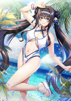 1girl arm_up armpits bare_shoulders bikini black_hair black_hairband blue_eyes blush bracelet breasts code_geass code_geass:_lost_stories flower hair_bun hair_flower hair_ornament hairband highres jewelry large_breasts leg_up long_hair looking_at_viewer maya_disel navel ocean palm_tree smile solo swimsuit tree twintails very_long_hair white_bikini white_footwear zaregoto_tsukai_no_deshi