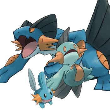 10ma10dantali0n black_eyes evolutionary_line gen_3_pokemon marshtomp mudkip nintendo no_humans open_mouth pokemon pokemon_(creature) simple_background swampert white_background yellow_eyes