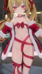 1girl 3d animated audible_speech awai_ryuzaki blonde_hair blush bow choker christmas coat convenient_censoring detached_sleeves flat_chest hat highres japanese_audio loli looking_at_viewer music naked_coat navel no_bra no_panties original pov red_coat red_eyes red_ribbon ribbon santa_hat sound tagme thighs twintails video vrchat