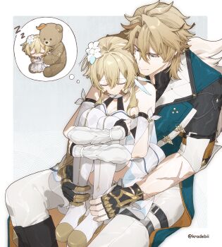 1boy 1girl absurdres bare_shoulders belt black_gloves blonde_hair blue_eyes boots bracer breasts brown_hair chibi cleavage closed_eyes closed_mouth coat cross_scar curled_up dreaming dress facial_scar fetal_position fingerless_gloves flower fur-trimmed_jacket fur_trim genshin_impact gloves hair_between_eyes hair_flower hair_ornament height_difference highres hugging_own_legs jacket knees_up kradebii long_hair looking_at_another lumine_(genshin_impact) male_focus medium_breasts mixed-language_commentary multicolored_hair multiple_scars pants scar scar_on_arm scar_on_cheek scar_on_face scar_on_neck shirt short_hair short_hair_with_long_locks sidelocks sitting sitting_on_lap sitting_on_person sleeping smile speech_bubble stuffed_animal stuffed_toy teddy_bear thigh_belt thigh_strap thought_bubble two-tone_hair varka_(genshin_impact) white_dress white_flower yellow_eyes zzz