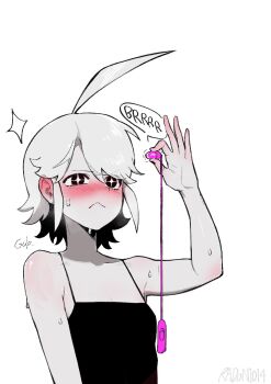 Rule 34 | + +, 1girl, ahoge, black shirt, blush, breasts, egg vibrator, embarrassed, hand up, highres, holding, looking at object, menchi (radon86 nya), messy hair, non-web source, original, pale skin, radon86 nya, remote control vibrator, sex toy, shirt, short hair, simple background, small breasts, solo, spaghetti strap, sparkle, sweat, sweatdrop, third-party source, upper body, vibrator, white background, white hair