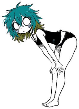 1girl bare_shoulders barefoot full_body green_hair messy_hair o_o original panties scatterbralns simple_background sitting solo tank_top underwear white_background