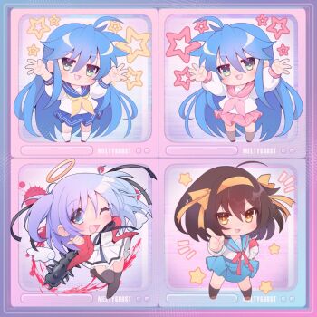 Rule 34 | 4girls, ahoge, blood, blue eyes, blue hair, blue sailor collar, blue skirt, blush, bokusatsu tenshi dokuro-chan, brown hair, chibi, chibi only, clone, club, club (weapon), commentary, crossover, ecchibeef, english commentary, excalibolg, green eyes, hair ribbon, hairband, halo, holding, izumi konata, jacket, kita high school uniform, long hair, long sleeves, looking at viewer, lucky star, merchandise available, mitsukai dokuro, mole, mole under eye, multiple girls, neckerchief, one eye closed, open mouth, purple hair, red jacket, ribbon, ryouou school uniform, sailor collar, school uniform, serafuku, shirt, short hair, skirt, smile, spiked club, suzumiya haruhi, suzumiya haruhi no yuuutsu, thighhighs, traditional halo, two side up, variant set, very long hair, weapon, white shirt, winter uniform, yellow eyes, yellow hairband