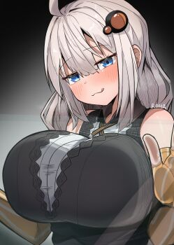 1girl :3 absurdres ahoge bare_shoulders black_dress blue_eyes blush breast_press breasts collared_shirt commentary_request detached_sleeves dress fingerless_gloves gloves grey_hair hair_ornament hairpin half-closed_eyes highres kizuna_akari komakusa_roha large_breasts long_hair shirt tongue tongue_out voiceroid white_shirt