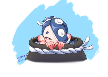 1girl blue_background blue_hair cauldron commentary_request dated hair_over_one_eye hairband long_hair nintendo octoling red_eyes rope shimenawa shiver_(splatoon) short_eyebrows signature somakusha splatoon_(series) splatoon_3 tentacle_hair thick_eyebrows white_background white_hairband