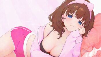 1girl blue_eyes blush breasts brown_hair cleavage commentary dolphin_shorts head_rest highres idolmaster idolmaster_cinderella_girls light_smile looking_at_viewer lying medium_breasts off_shoulder on_side sakuma_mayu saltylemontea short_hair short_shorts shorts solo symbol-only_commentary