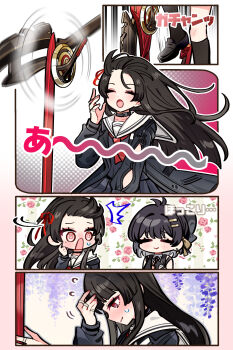 2girls @_@ arm_cutout black_hair black_jacket black_shirt caught chisa_(wuthering_waves) closed_eyes clothing_cutout commentary_request embarrassed female_rover_(wuthering_waves) hair_ornament hair_ribbon hairclip hand_up highres jacket long_hair mole mole_under_eye multiple_girls nanoja_(haigototta) neckerchief open_mouth parallel_hairclips red_eyes red_neckerchief ribbon rover_(wuthering_waves) sailor_collar shirt translation_request white_sailor_collar wuthering_waves yellow_ribbon