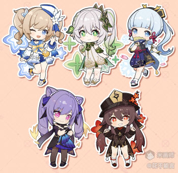 Rule 34 | 5girls, ;d, ayaka (genshin impact), barbara (genshin impact), barbara (summertime sparkle) (genshin impact), black choker, black shirt, black shorts, blue eyes, blue hair, blue sailor collar, blunt bangs, bow, bowtie, brown hair, chibi, chibi only, chinese commentary, choker, closed mouth, commentary request, double-parted bangs, dress, drop shadow, flower-shaped pupils, full body, genshin impact, green eyes, green hair, grey hair, grid background, hair between eyes, hair ornament, hand fan, hand up, hat, highres, holding, holding fan, hu tao (genshin impact), hua bu neng yan, keqing (genshin impact), keqing (opulent splendor) (genshin impact), kneehighs, leaf hair ornament, long hair, long sleeves, looking at viewer, mihuashi username, multicolored hair, multiple girls, nahida (genshin impact), okobo, one eye closed, open mouth, orange background, outline, pink eyes, platform sandals, ponytail, purple hair, red eyes, sailor collar, sandals, shirt, shoes, short hair, short sleeves, shorts, side ponytail, smile, socks, standing, standing on one leg, symbol-shaped pupils, tabi, twintails, two-tone hair, white dress, white hat, white outline, white shoes, white socks, yellow bow, yellow bowtie